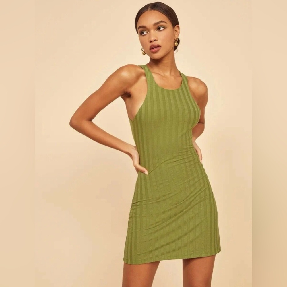 Reformation Mel Ribbed Mini Dress in Avocado
